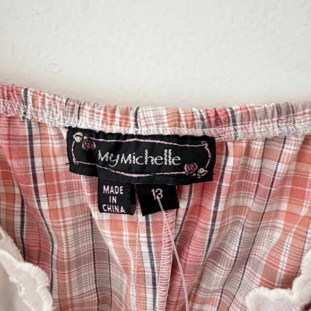 Y2K My Michelle Pink Plaid Dress Size S Eyelet Hem Ruched Bust 2000s Coquette - Picture 4 of 11